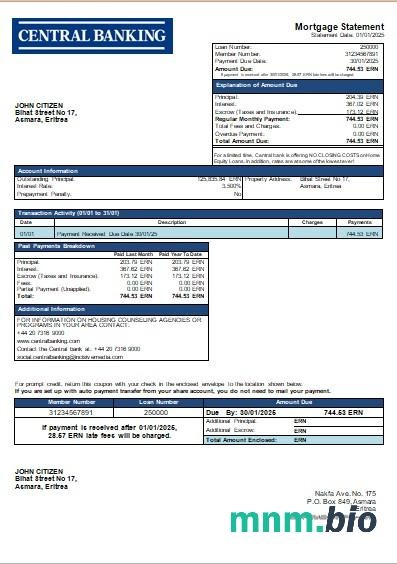 Erytrea Bank Centralny wyciąg z kredytu hipotecznego szablon Word i PDF